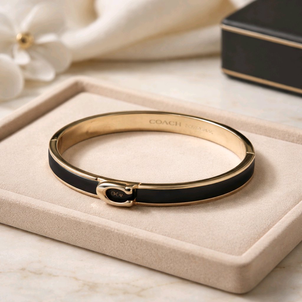 Coach Black Enameled Hinged Bangle Gold Plated Brass Black Enamel Side Clasp