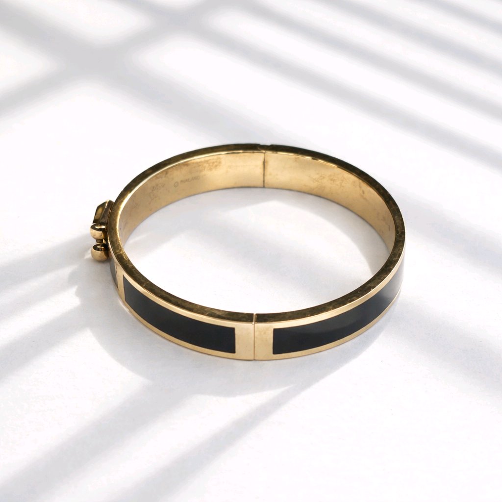 Coach Black Enameled Hinged Bangle Gold Plated Brass Black Enamel Side Clasp