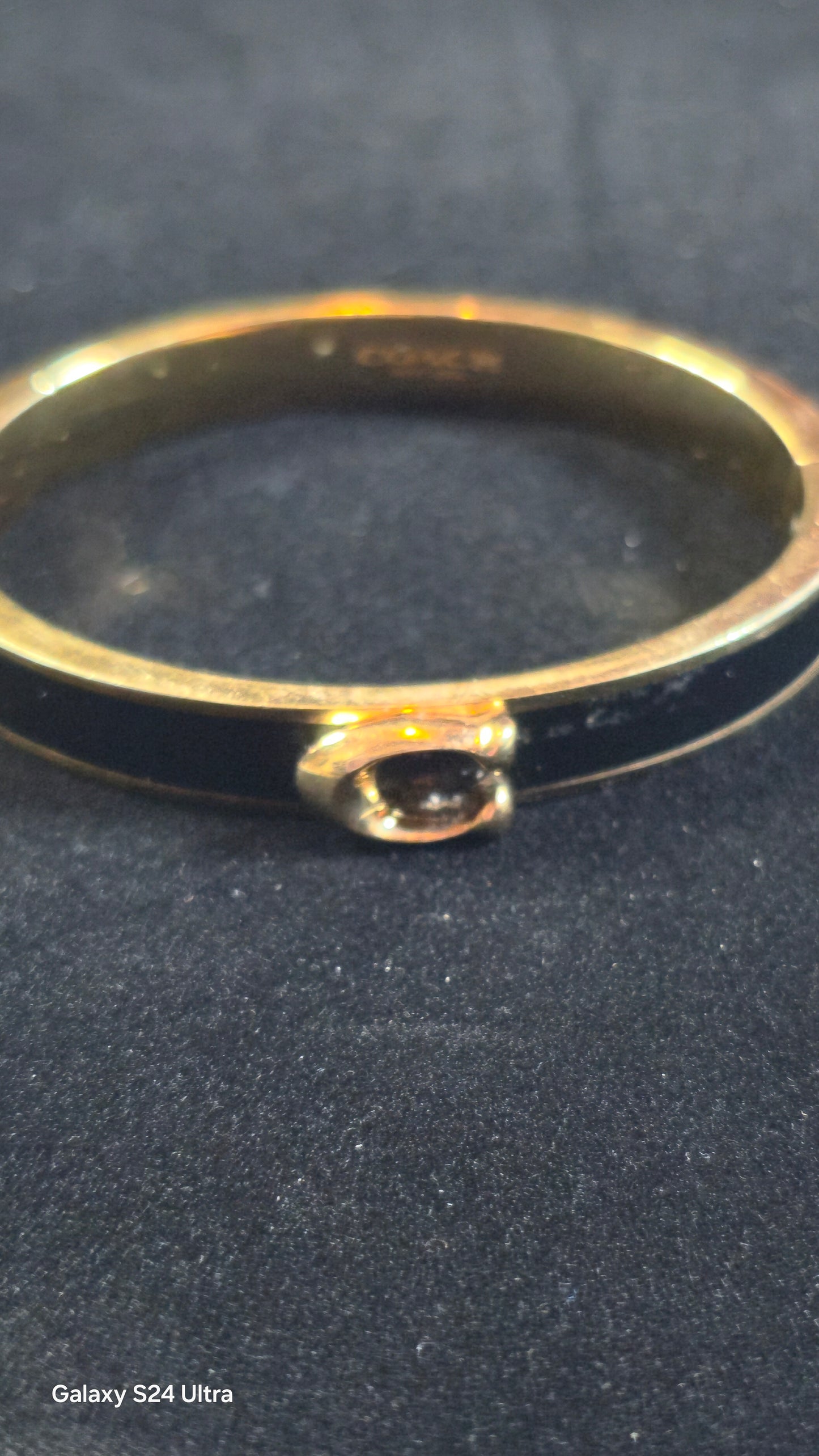 Coach Black Enameled Hinged Bangle Gold Plated Brass Black Enamel Side Clasp