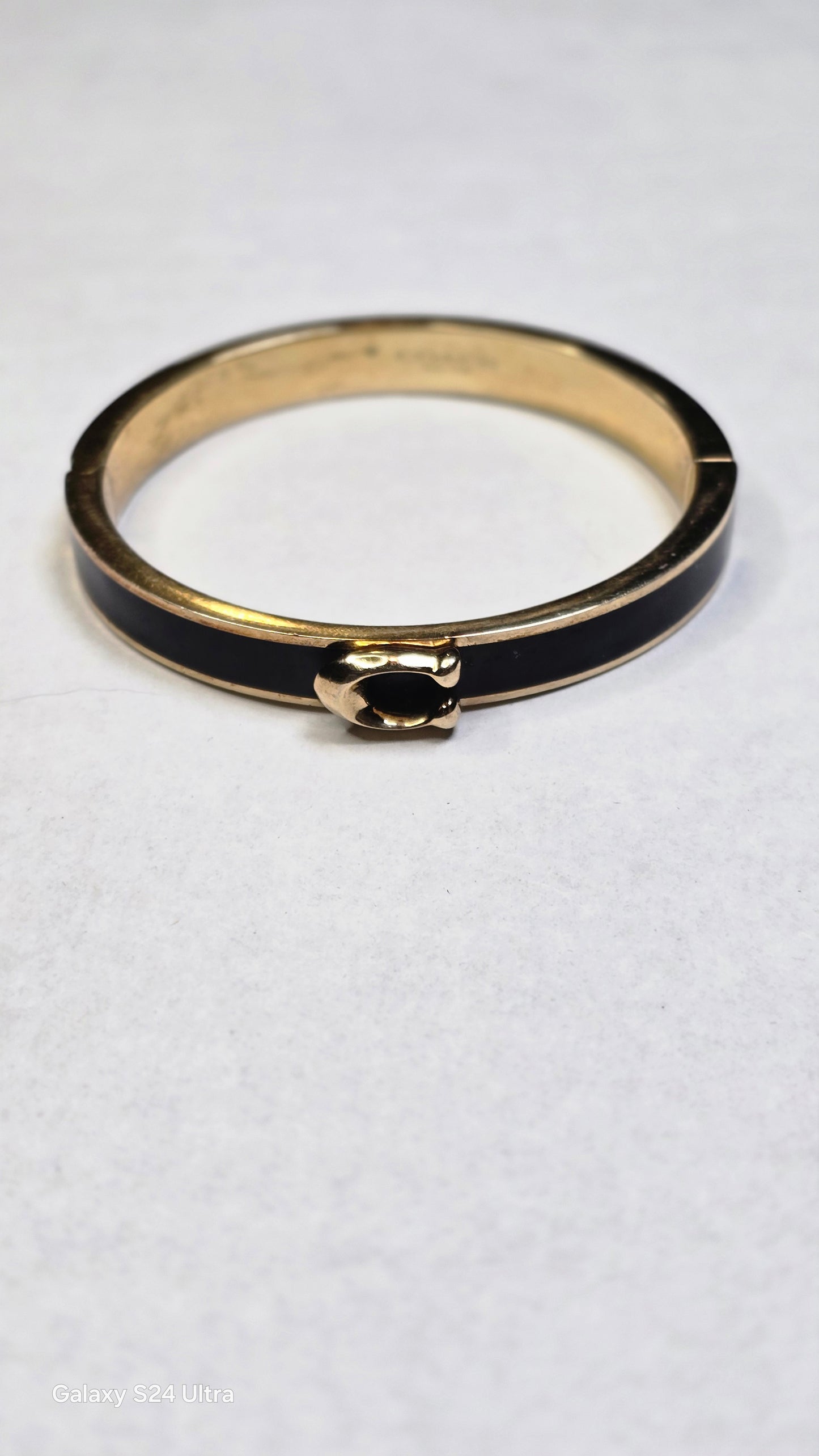 Coach Black Enameled Hinged Bangle Gold Plated Brass Black Enamel Side Clasp