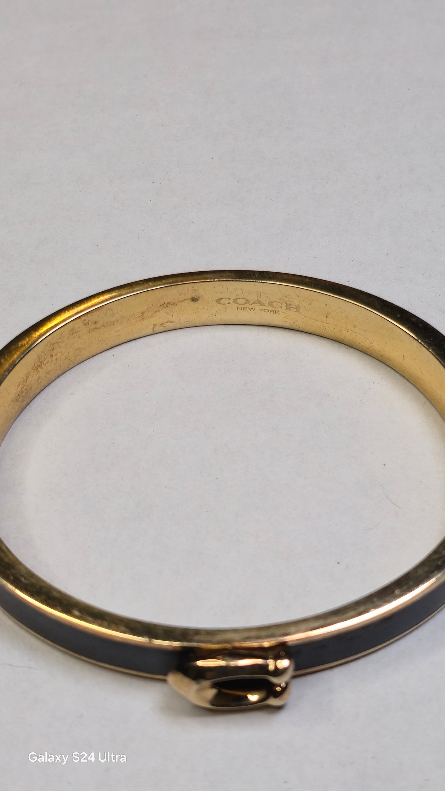 Coach Black Enameled Hinged Bangle Gold Plated Brass Black Enamel Side Clasp