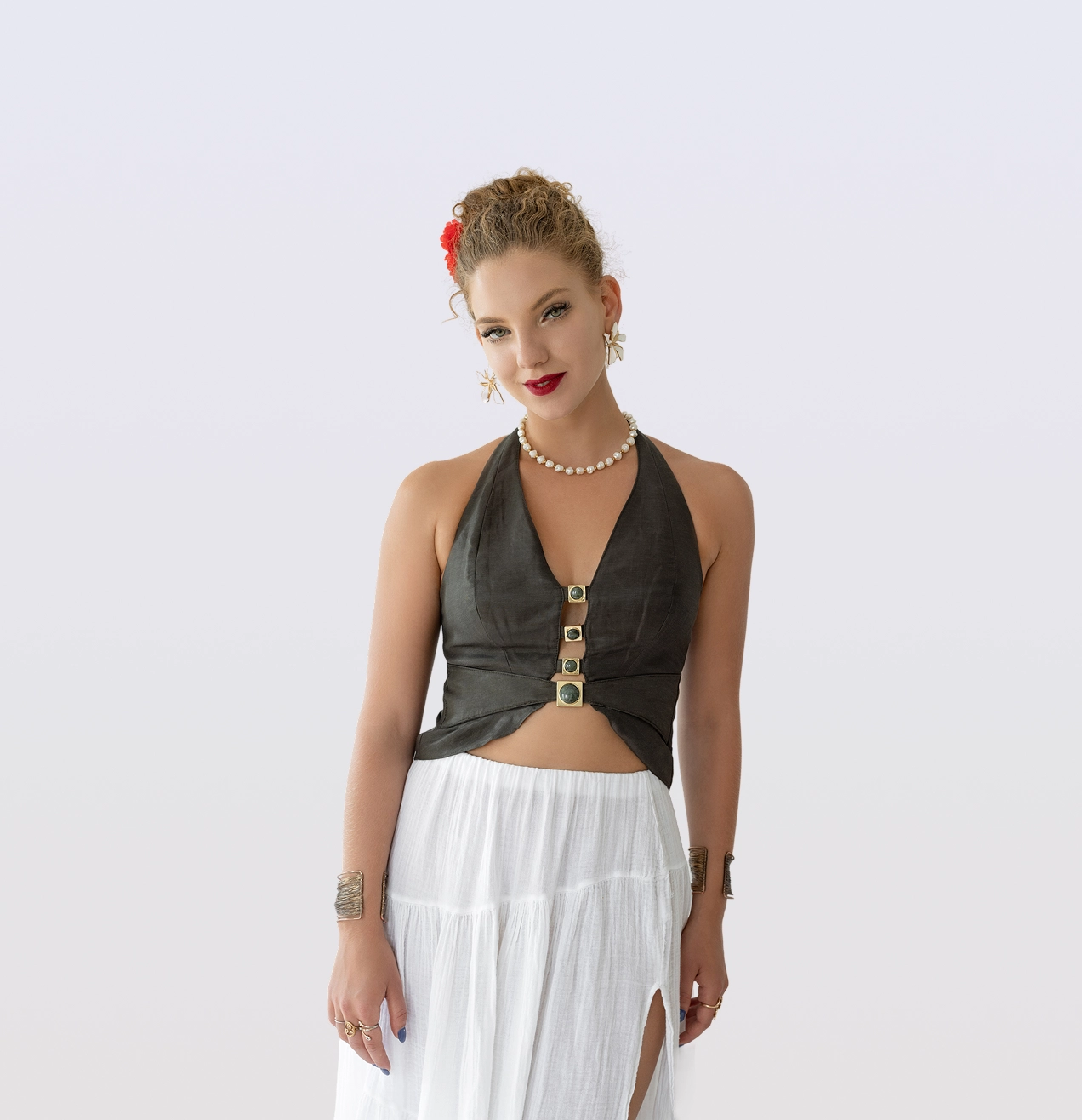 Fashionable woman posing with accessories